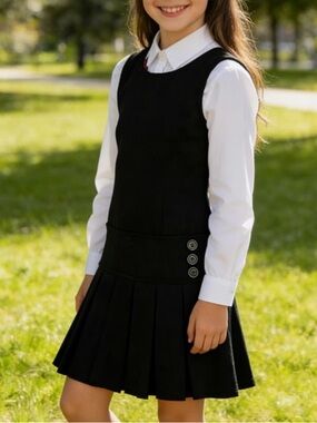 Girls Black Sleeveless Pleated School Dress with Button Trim